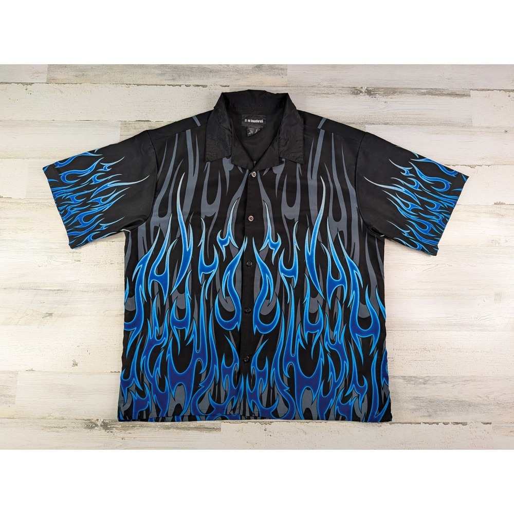 Vintage No Boundaries Mens Large Flames Tattoo MMA Rave Loop Collar Shirt Black